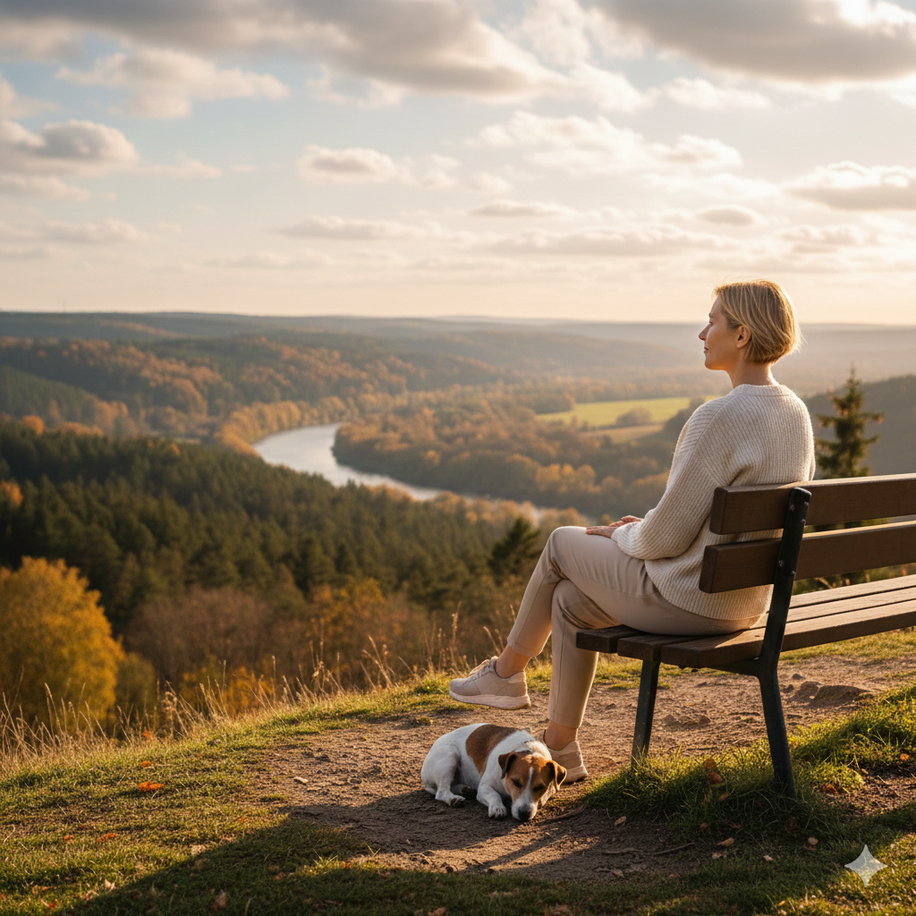 femme assise sur un banc en introspection avec jack russel