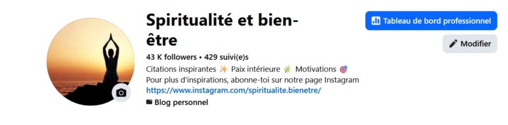 Capture image page Facebook sur la spiritualité et le bien-être