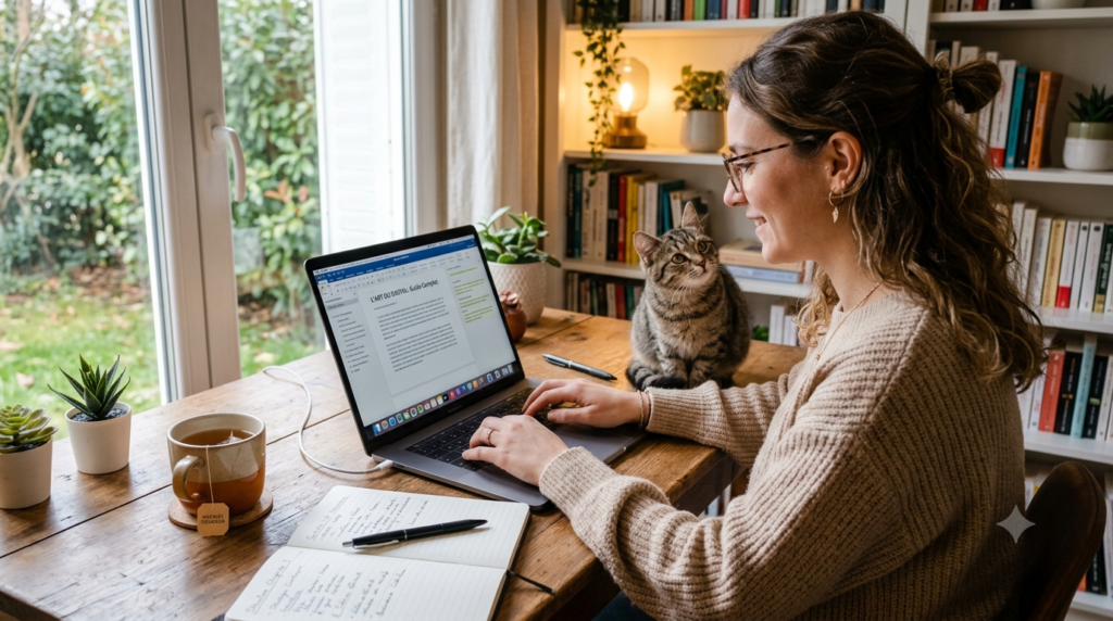 Infopreneuse rédige ses textes sur son pc portable